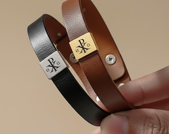 Chi Rho Leather Bracelet for Men, Engraved Christian Bracelet, Catholic Jewelry, Jesus Bracelet, Godfather Gift