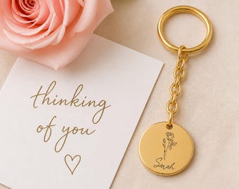Birth Month Keychain with Name, Personalized Thinking of You Gift, Custom Engraved Bag Charm for Her