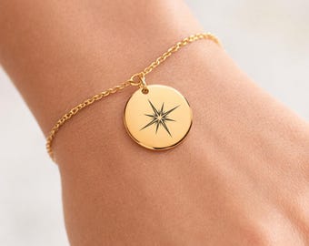 Gepersonaliseerde North Star-armband, opbeurende armband voor een nieuw begin, lasergegraveerde 18k gouden bedelarmband voor dames