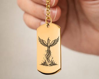 Rising Phoenix Dog Tag-sleutelhanger, op maat gegraveerde soberheidssleutelhanger, zinvol nuchter cadeau voor een nieuw begin