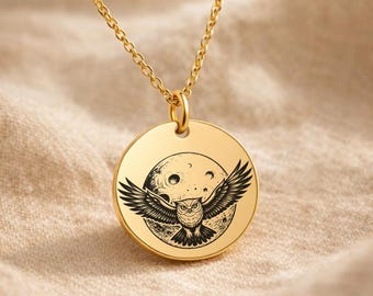 Gegraveerde maan- en uilketting, maanketting geïnspireerd op het Lilith-symbool, spirituele sieraden heksen, wijsheidscadeau