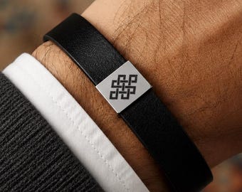 Endless Knot Men's Bracelet, Personalized Vegan Leather Cuff with Hidden Message Engraving