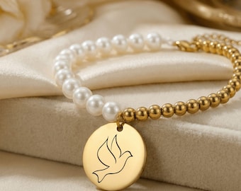 Dove armband voor bruid, bruiloft armband cadeau, parel bruidssieraden, kralen vergulde armband met gepersonaliseerde gravure