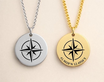 Personalized Compass Necklace with or without Coordinates, Custom Front & Back Engraving, Different Chain Styles, Graduation Gift
