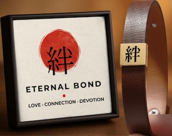 Eternal Bond Bracelet for Men, Japanese Kanji Vegan Leather Cuff, Custom Engraved Anniversary, Valentine’s Day or Long Distance Gift