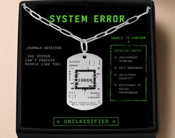System Error Dog Tag Necklace, Personalized Y2K Cyberpunk Grunge Jewelry, Alternative Techwear, Custom Engraved Nonconformist Statement Gift