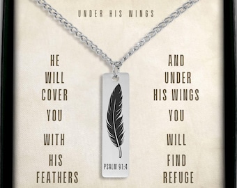 Collana con piuma personalizzata del Salmo 91 per lui, ciondolo con barra con versetto biblico personalizzato, regalo di gioielli per la protezione cristiana
