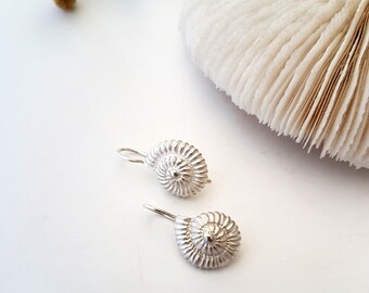 Silver Ammonite earrings / fossil drop earring / silver spiral earrings / shell earrings