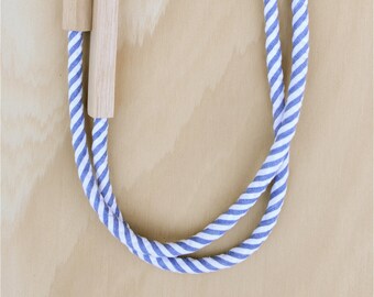 2 Piece - WOOD and FABRIC Necklaces -  Striped Cotton in Denim Blue