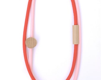 2 Piece - WOOD & FABRIC necklaces - Tomato Red and Fairy Floss Pink