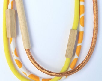 3 Piece Mixed - WOOD & FABRIC Necklaces - Mango Pebble Spots, Bright Yellow and Metallic Copper