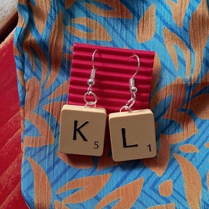 Scrabble Piece Dangle Earrings, L and R, Left and Right Upcycled Upcycling