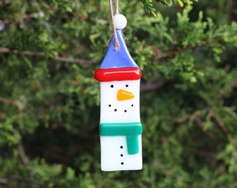 Snowman fused glass Christmas tree decoration handmade bullseye fusing snow winter scarf ornament window hanging made in Bristol