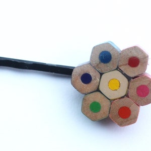 Upcycled pencil hair pin hair clip flower colourful gift for girls daisy rainbow hair accessory hexagon recycled image 3