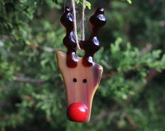 Fused Glass Reindeer Rudolph Rudolf Christmas Tree hanging decoration Xmas ornament antlers