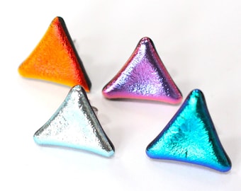Triangle dichroic glass ear studs earrings fused glass dichro sparkly jewellery