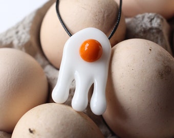 Lampworked glass borosilicate drippy fried egg heady boro pendant cord necklace sunny side breakfast