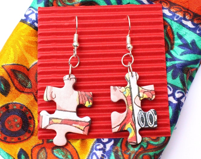 Boucles d'oreilles pendantes puzzle recyclées, bijoux recyclés colorés