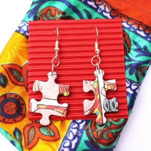 Jigsaw Puzzle Upcycled dangle Earrings Colourful Recycled Jewellery Ladies Unique Gift made in Bristol reuse