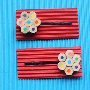 Upcycled pencil hair pin hair clip flower colourful gift for girls daisy rainbow hair accessory hexagon recycled image 2
