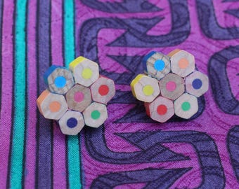 Upcycled Crayon Flower Stud Earrings - Handmade Wearable Art
