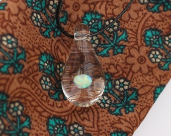 Lampworked glass opal pendant necklace encased teardrop glassblowing