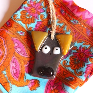 Fused glass dog hanging ornament brown dog lover home decor gift puppy fusing bullseye kiln sun catcher decoration terrier