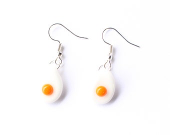 Lampworked borocilicate glass fried egg dangle earrings yolk orange flamework glassblowing jewellery boro white easter eggs gift Bristol