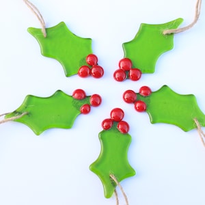Fused glass holly tree decoration ornament Christmas bullseye festive fusing leaf berries home decor winter window hanging