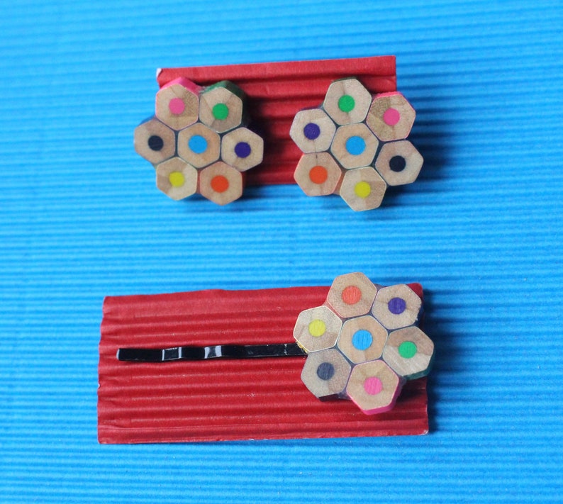 Upcycled pencil hair pin hair clip flower colourful gift for girls daisy rainbow hair accessory hexagon recycled image 7