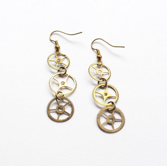Gold watch cog dangle earrings upcycled mechanical watch Steampunk recycled clock sustainable design brass