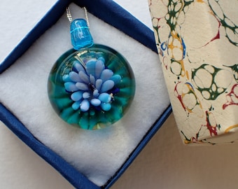 Lampworked Glass Flower Pendant Necklace, Blue Purple 925 Silver Chain