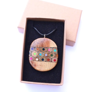Upcycled colouring pencil pendant rainbow handmade inlay oak circle necklace crayons colourful