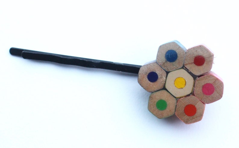 Upcycled pencil hair pin hair clip flower colourful gift for girls daisy rainbow hair accessory hexagon recycled image 3