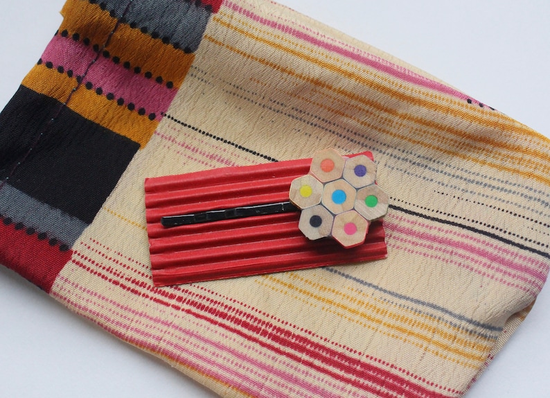 Upcycled pencil hair pin hair clip flower colourful gift for girls daisy rainbow hair accessory hexagon recycled image 1