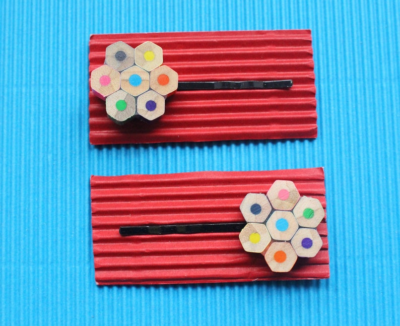 Upcycled pencil hair pin hair clip flower colourful gift for girls daisy rainbow hair accessory hexagon recycled image 2