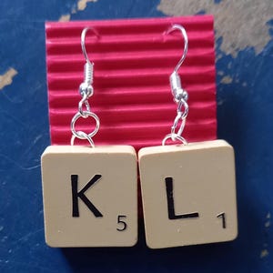 Scrabble Piece Dangle Earrings, L and R, Left and Right Upcycled Upcycling