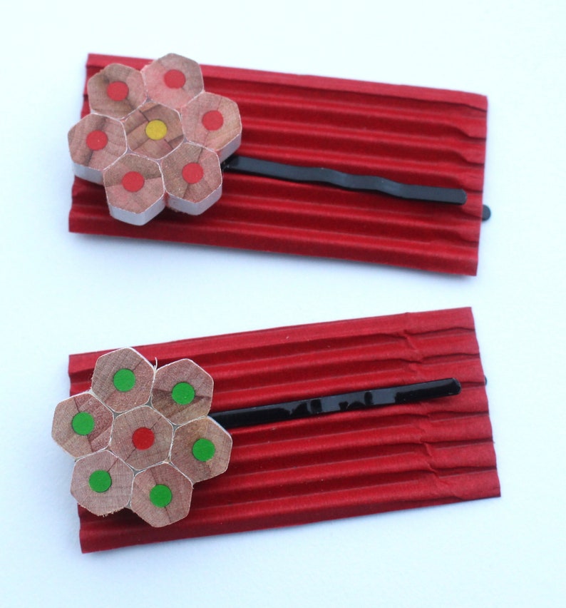 Upcycled pencil hair pin hair clip flower colourful gift for girls daisy rainbow hair accessory hexagon recycled image 4