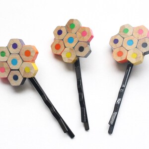 Upcycled pencil hair pin hair clip flower colourful gift for girls daisy rainbow hair accessory hexagon recycled image 8