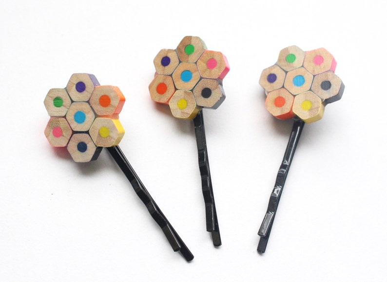 Upcycled pencil hair pin hair clip flower colourful gift for girls daisy rainbow hair accessory hexagon recycled image 8