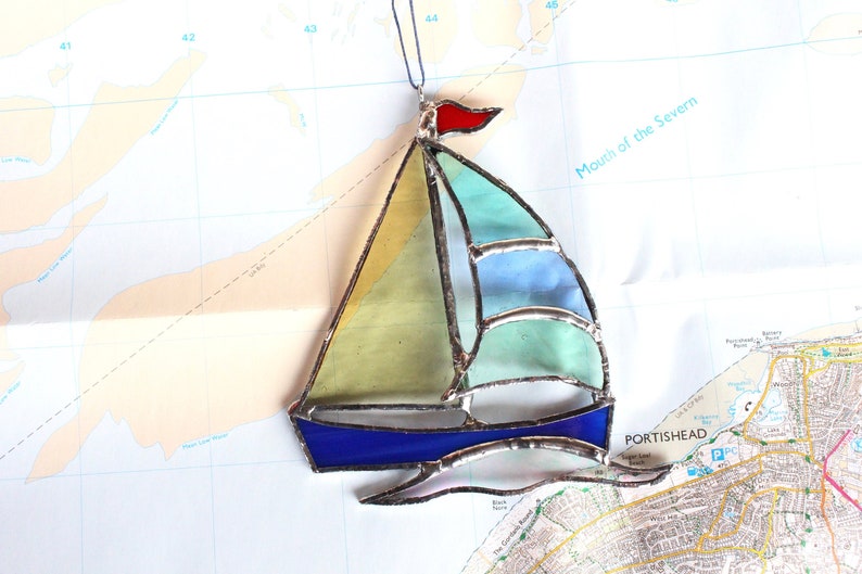 Stained glass wall hanging boat nautical bathroom interior Etsy