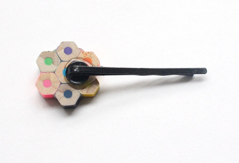 Upcycled pencil hair pin hair clip flower colourful gift for girls daisy rainbow hair accessory hexagon recycled image 9