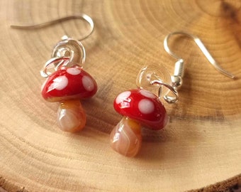 Glass mushroom dangle earrings funghi fly agaric fairytale lampworked flameworked glassblowing bristol art jewellery toad stool borosilicate