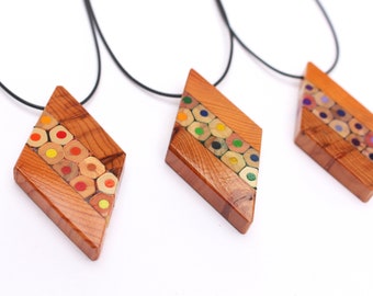 Upcycled colouring pencil necklace pendant diamond inlay handmade wooden crayon jewellery colour hexagon yew wood woodwork geometric