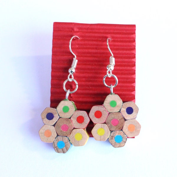 Coloured pencil flower upcycled dangly dangle drop earrings upcycling rainbow hexagon geometric jewellery colourful sustainable handmade