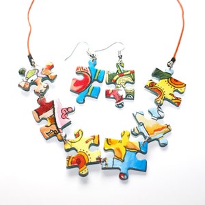 Puzzle Jigsaw Pieces Necklace Upcycled Colourful Original Handmade repurposed jewellery made in Bristol sustainable design