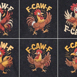 Puede incluir: Seis ilustraciones de gallos de dibujos animados con el texto "F-CAW-F" en un c&iacute;rculo. Los gallos est&aacute;n en varias poses, con plumas rojas, marrones y amarillas, y picos abiertos. El fondo es gris oscuro.
