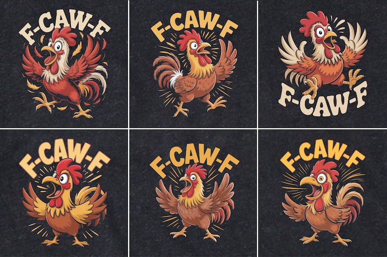 Puede incluir: Seis ilustraciones de gallos de dibujos animados con el texto "F-CAW-F" en un c&iacute;rculo. Los gallos est&aacute;n en varias poses, con plumas rojas, marrones y amarillas, y picos abiertos. El fondo es gris oscuro.