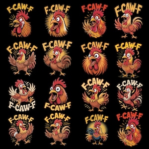 Puede incluir: Patr&oacute;n repetido de ilustraciones de gallos de dibujos animados sobre un fondo negro. Cada gallo se representa en una pose diferente, con el texto "F-CAW-F" encima. Los gallos son principalmente rojos, naranjas y marrones.