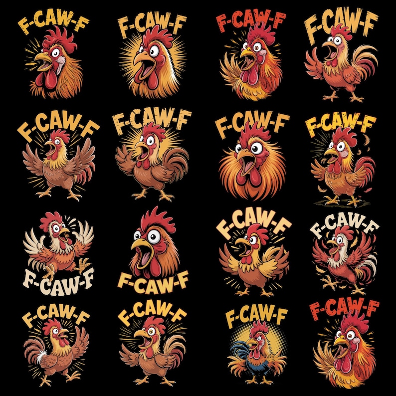 Puede incluir: Patr&oacute;n repetido de ilustraciones de gallos de dibujos animados sobre un fondo negro. Cada gallo se representa en una pose diferente, con el texto "F-CAW-F" encima. Los gallos son principalmente rojos, naranjas y marrones.